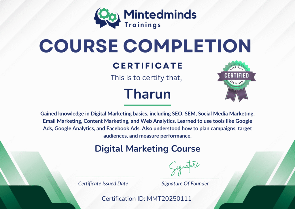 Digital Marketing Course Completion Certificate